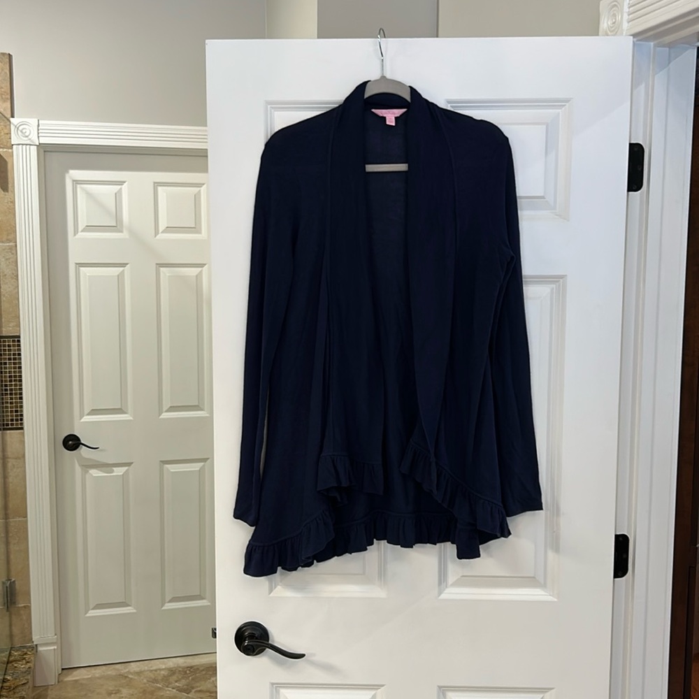 Lilly Pulitzer navy cardigan with ruffled hem. Size medium